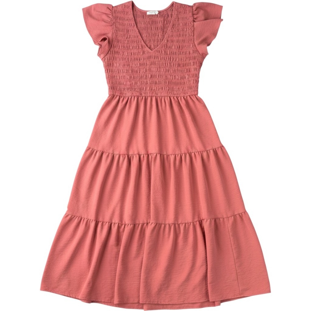 Perch by Blu Pepper Womens 1X Pink Smocked Tiered Midi Dress V-Neck Flutter Slv